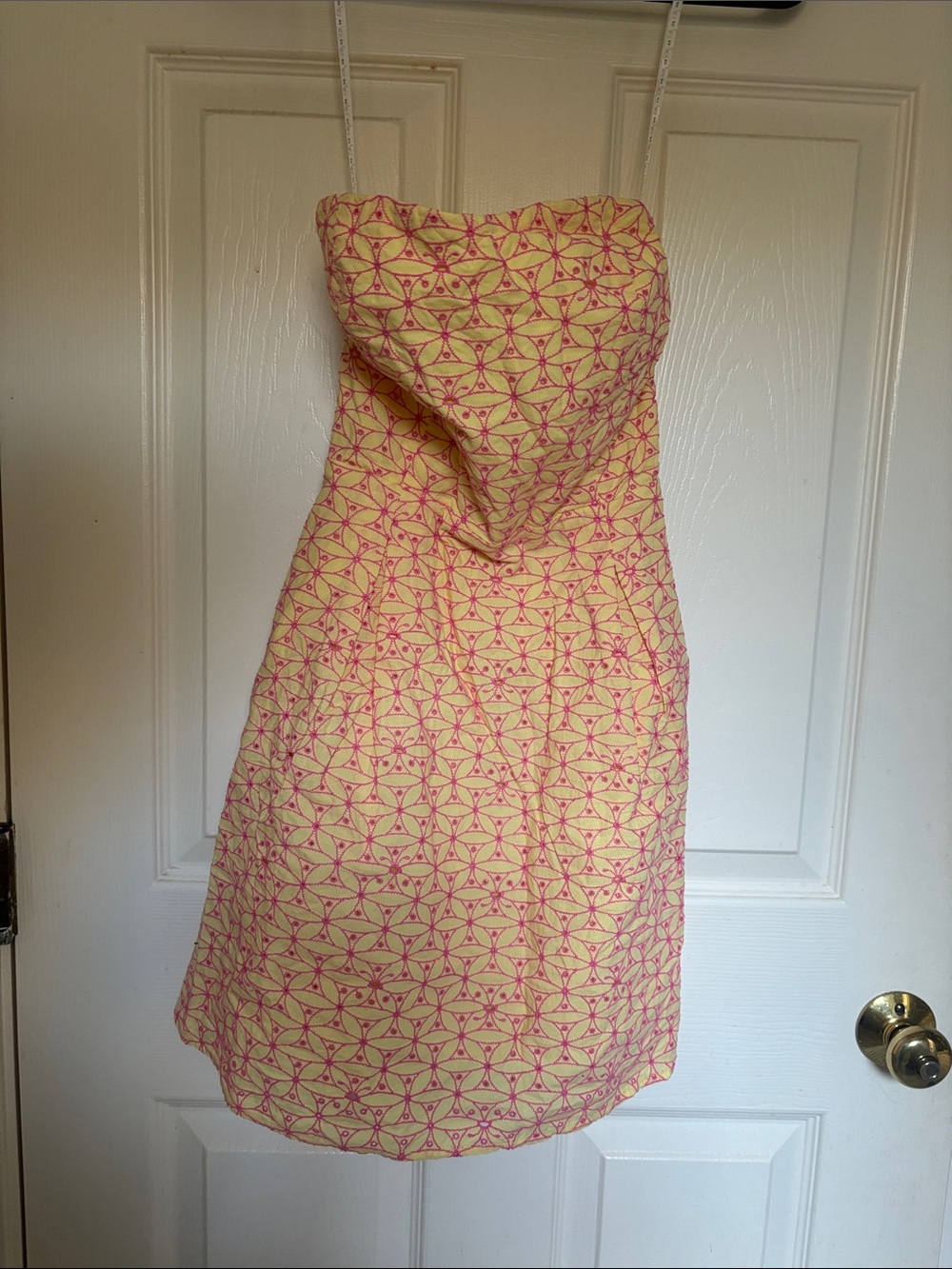 Lilly Pulitzer Yellow Strapless Dress with Pink Embroidered Detail